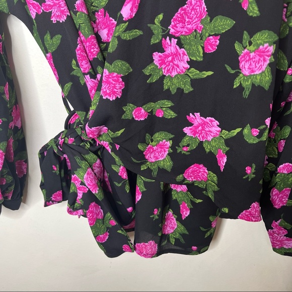 WHO WHAT WEAR Floral Black and Pink Rose Wrap Blouse - Picture 6 of 12